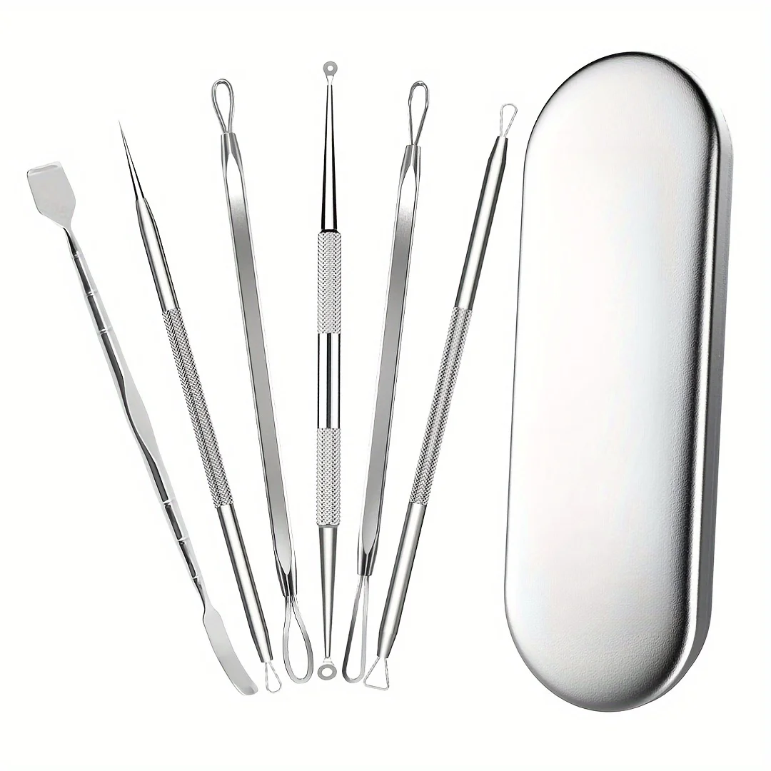 مجموعة أدوات إزالة من الفولاذ المقاوم للصدأ مكونة من 6 قطع للرؤوس السوداء والبثور، مزيل الرؤوس السوداء للوجه والأنف بتصميمات مختلفة