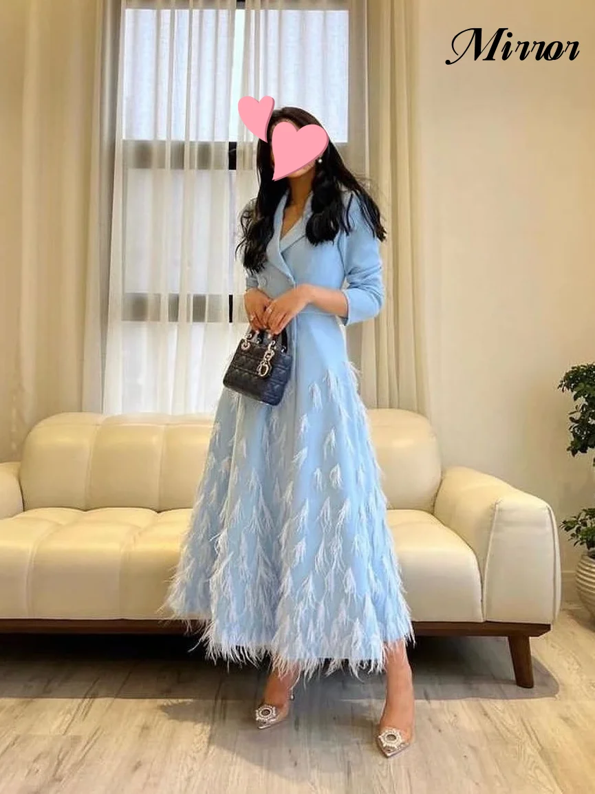 Mirror Dress Elegant Vintage Sweet Sky-Blue Feather V-Neck Customized Formal Occasion Ball Prom Dress Evening Party Gowns