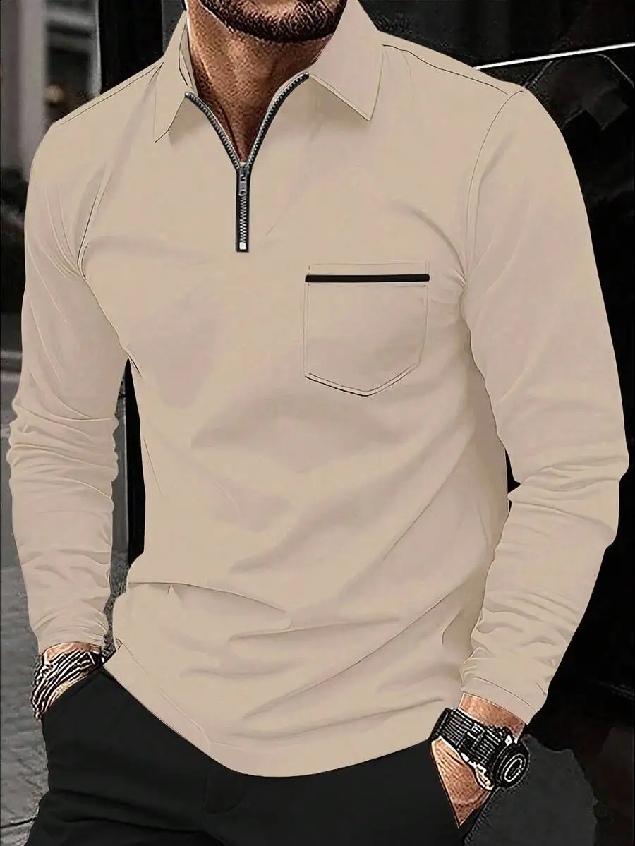 

Men's Beige Long Sleeve Zip-Up Casual Shirt with Chest Pocket