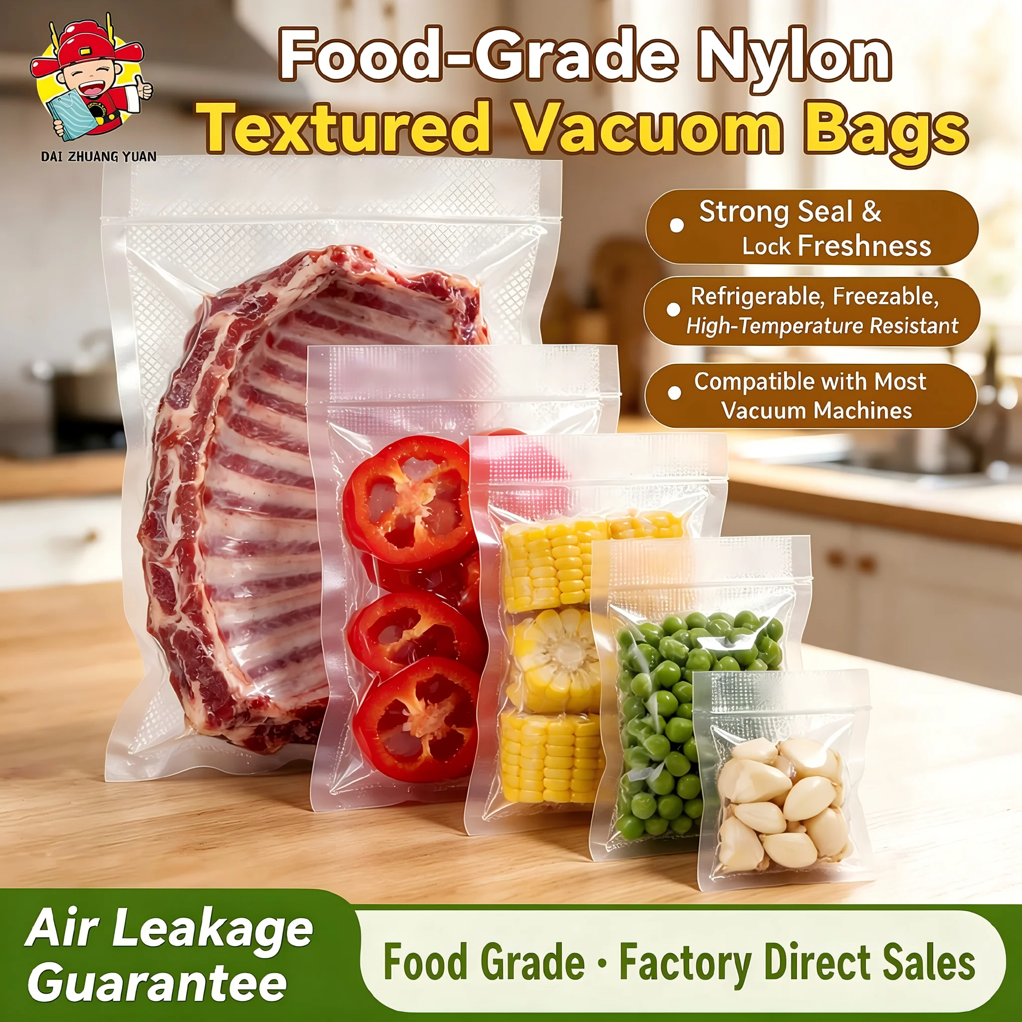50/100/300PCS Food Grade Nylon Textured Vacuum Sealer Bags, BPA Free, Heavy Duty Embossed Storage Pouches for Meat, Vegetables