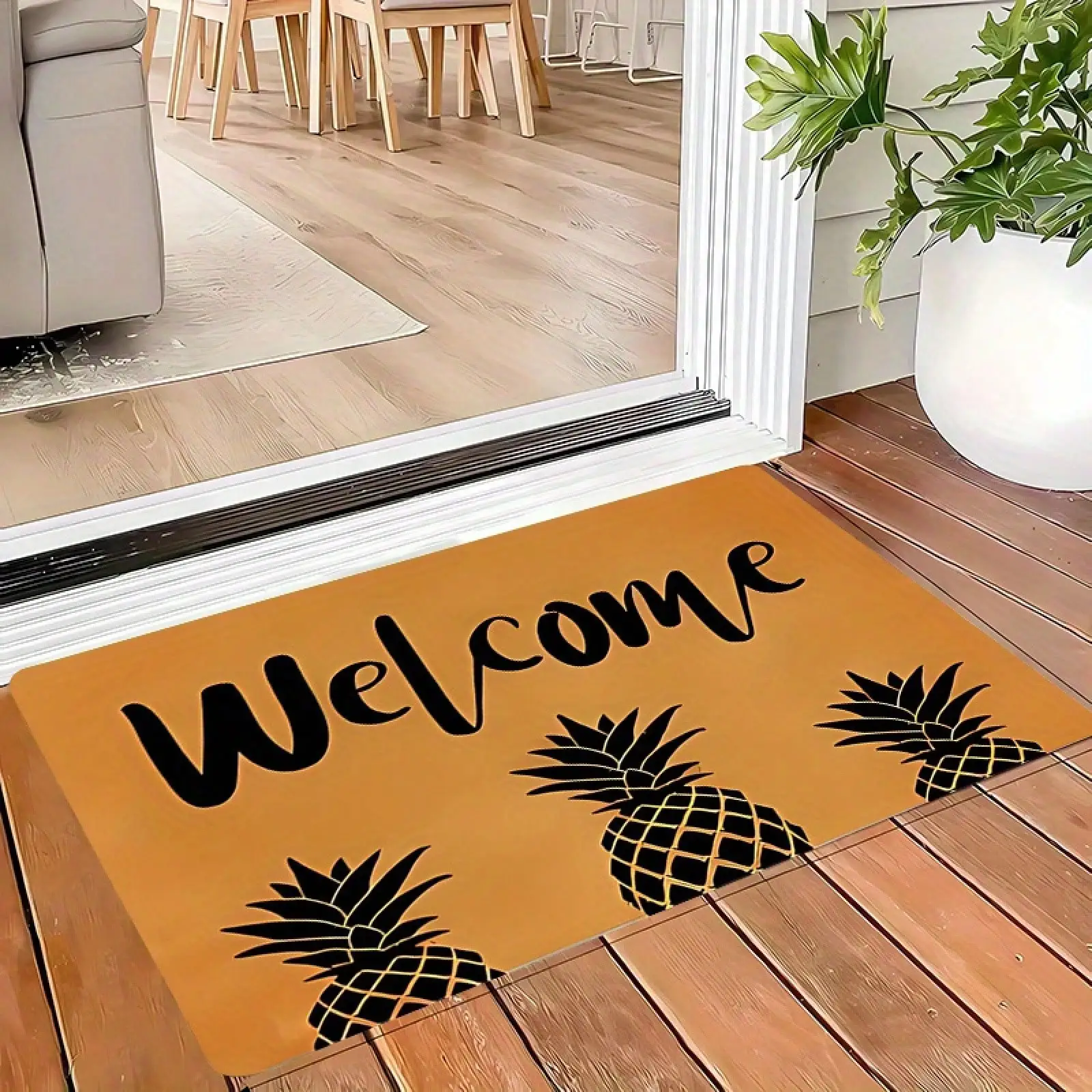 1pc Pineapple Welcome - Non-Slip Soft Flannel Doormat With Vibrant Pineapple Design, Yellow Background, Indoor/Outdoor Entryway, Living Room, Bedroom, Kitchen