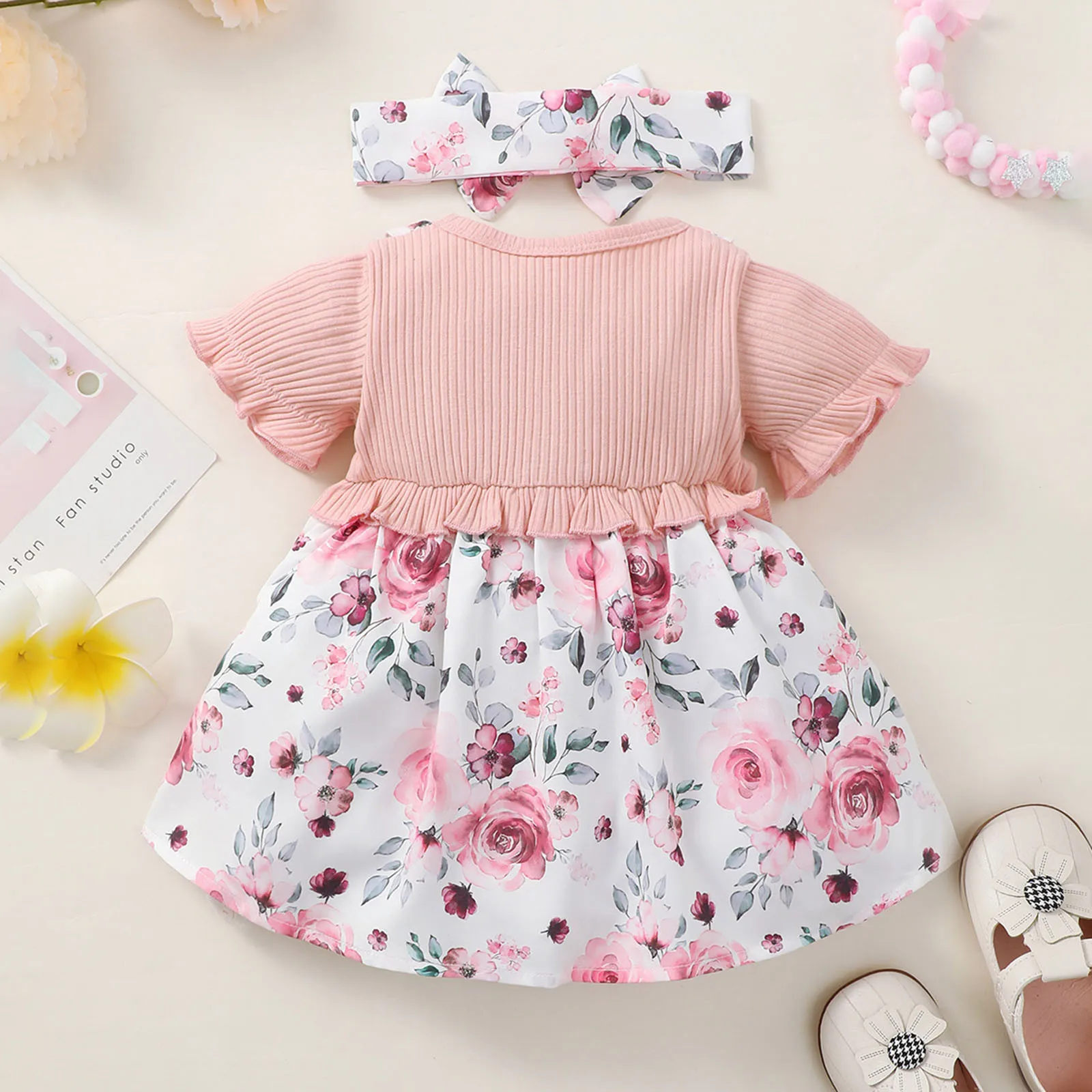 Infant Baby Girls Patchwork Bow Short Sleeve Dress Toddler Round Neck Decorative Bowknot Ribbed Ruffle Newborn Fashion Dress