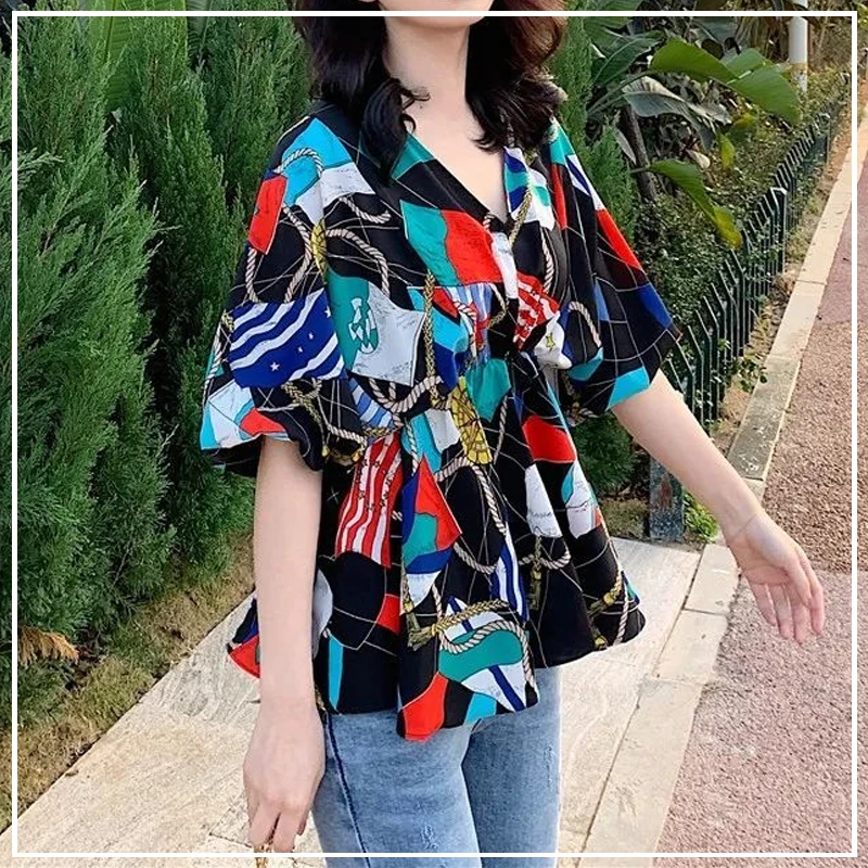 

2024 Summer Fashionable V-neck Color Block Waist Wrapped Commuter Versatile Oversize Short Sleeve Temperament Shirt for Women