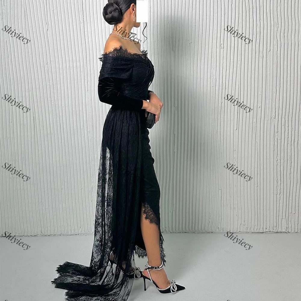 Black Lace Evening Dress Classic Boat Neck Long Sleves Sheath Prom Dress with Side Split HIgh Quality Celebrity Dresses 2024