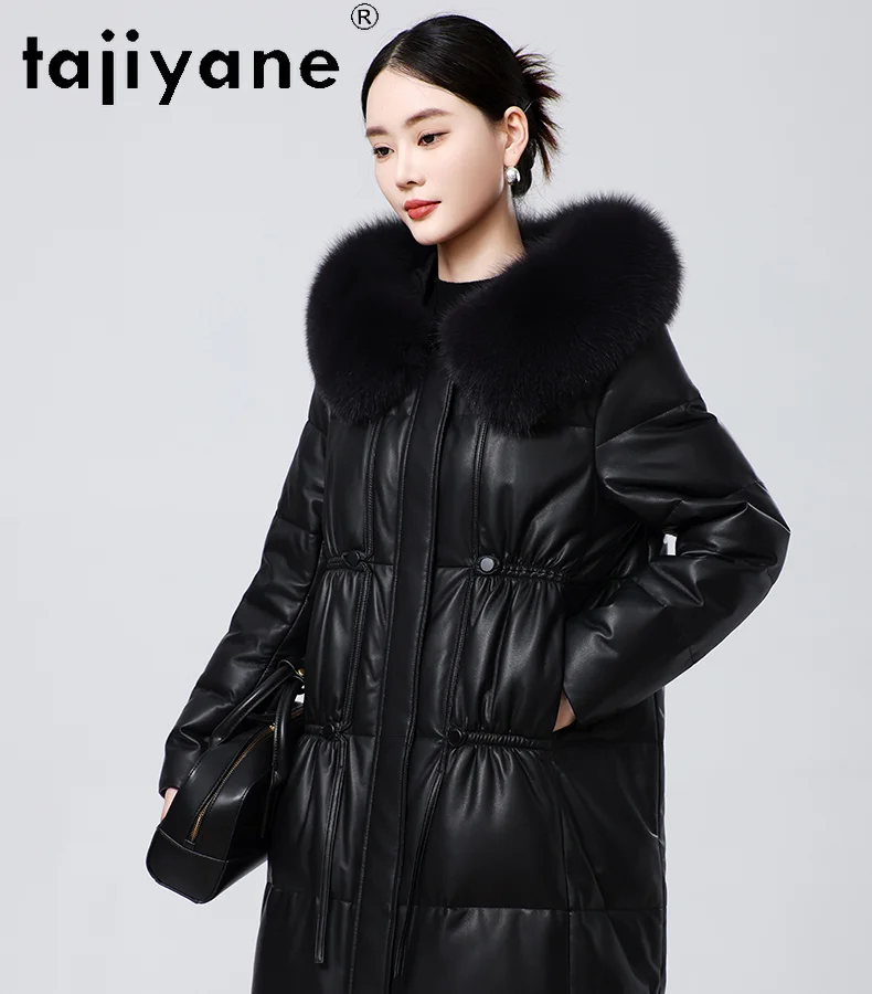 TAJIYANE 100% abrigo de piel de oveja para mujer, chaqueta elegante de cuero genuino negro, chaquetas acolchadas de longitud media, ropa de invierno para mujer 2025