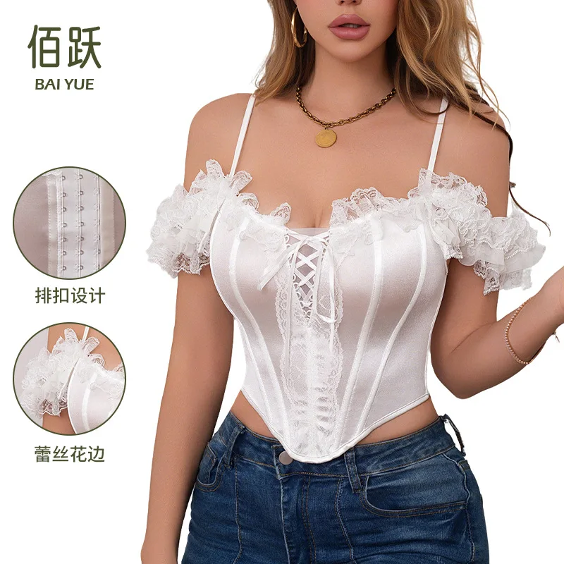 

2026 Women's Vintage Court Style Lace Trim Corset Push Up Waist Trainer Tummy Control Body Shaper Lace Up Slimming Bustier