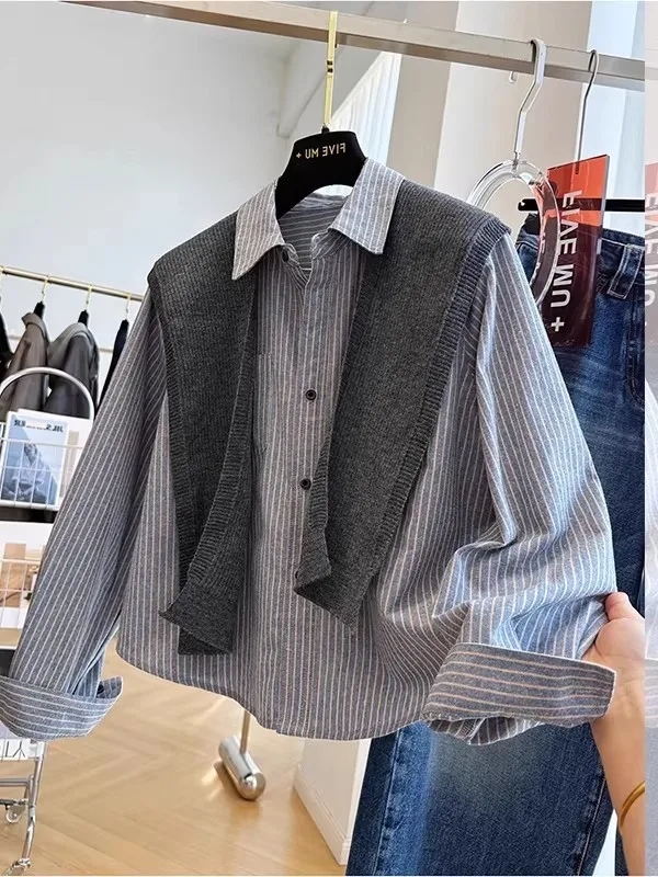 

plus Size 300 Pounds American Retro Striped Long Sleeve Shirt Unisex Autumn Versatile Top Breathable Comfortable Loose Fit