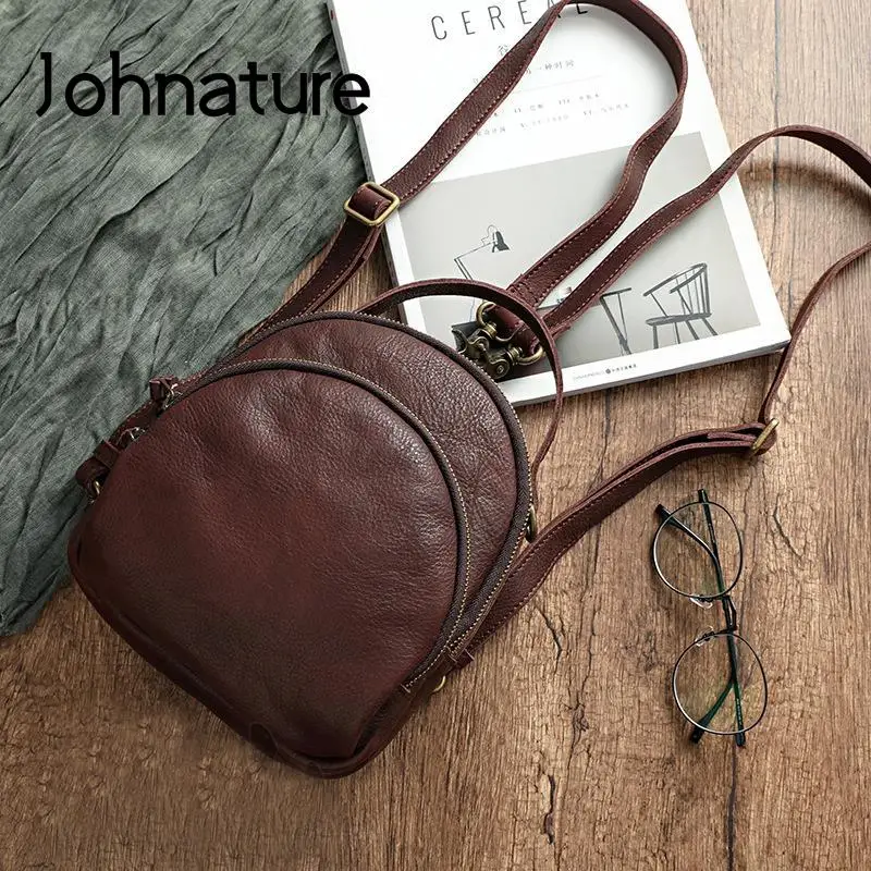 Johnature Handmade Vintage Genuine Leather Bagpack Women Backpack 2024 New Leisure Soft Cowhide Solid Color Travel Bag