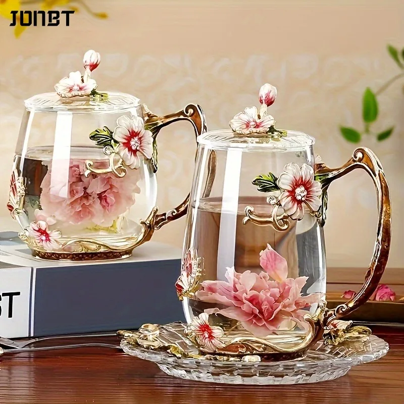 

Flower Tea Glass Mug Enamel Coffee Cup With Lid Spoon High Temperature Resistance Home Teaware Breakfast Juice Cup Drinkware Gif