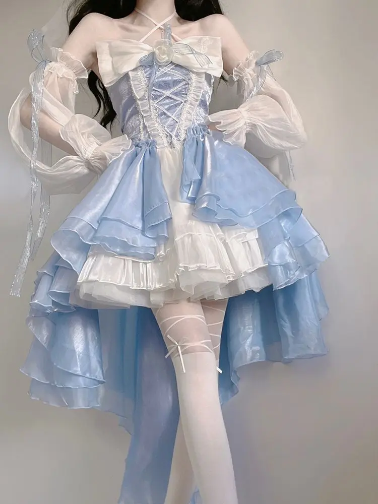 Lolita Op estilo romântico vestido de menina, elegante vestido de cosplay de princesa, mangas bufantes, fita, arco de renda flor túnica malha