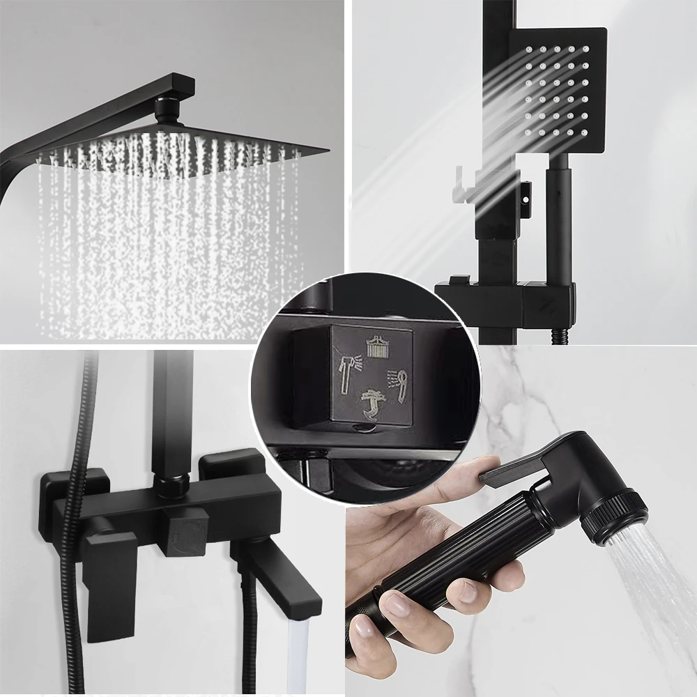 SINLAKU Rainfall Bathroom Shower Faucet Set With Rack Shelf Bathtub Mixer Tap Black Wall Mounted Brass Bath Cabin System