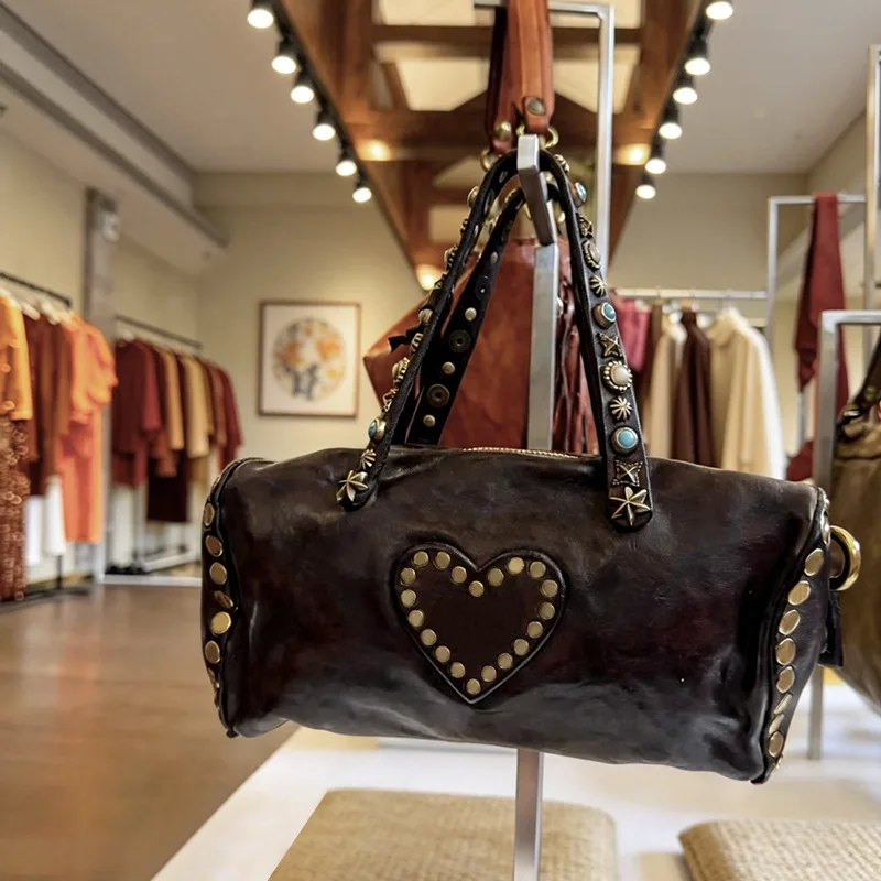 Spanish niche top layer cowhide handbag with heart-shaped rivet design crossbody bag retro versatile leather women's bag