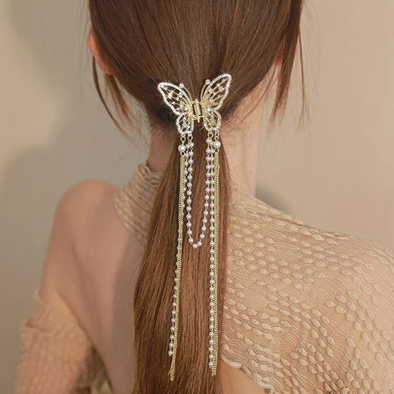 New Crystal Rhinestone Butterfly Pearl Tassel Hairpin Korean Simple Side Clip Liu Hai Clip Shark Hairpin Hair Accessories Women