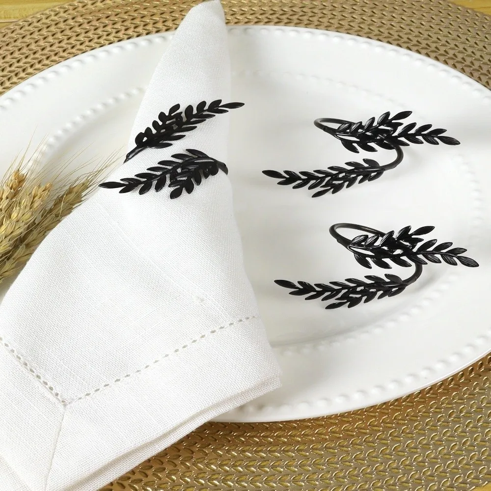 6 pcs Black Leaf Napkin Rings Metal Construction Black Wheat Ear Design Metal Napkin Holders Decorative Twist Curtain Tiebacks
