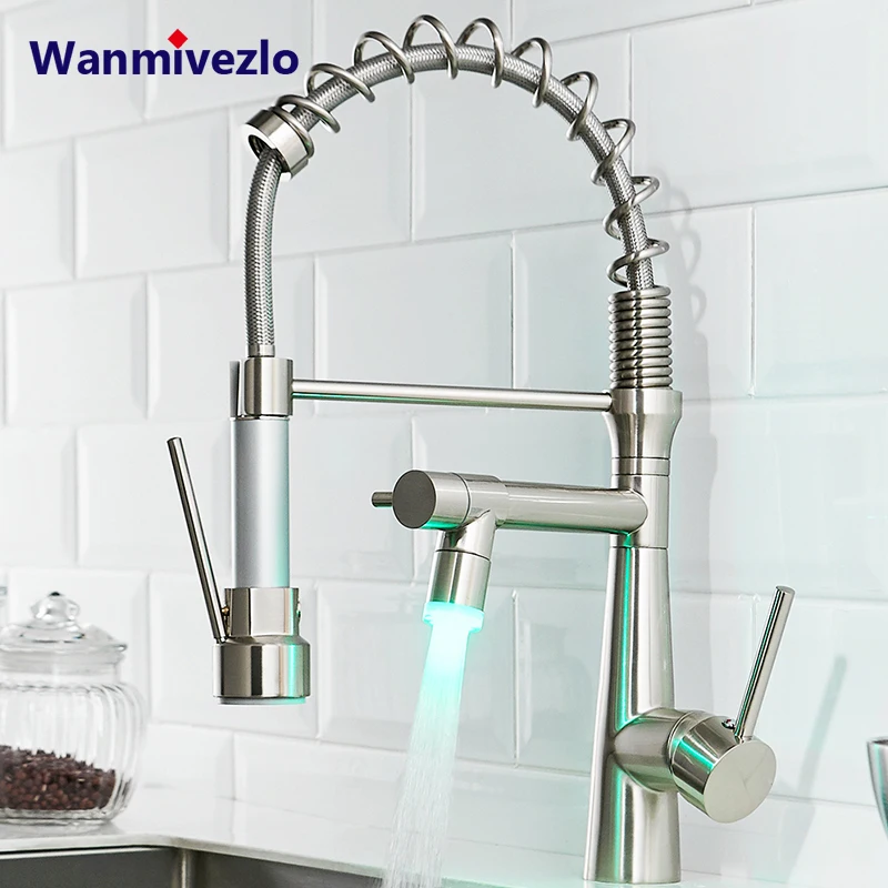 LED Kitchen Faucet With Spiral Spring 360 ° Rotating Kitchen Faucet With Two Nozzles Kitchen Faucet Pull-out Shower