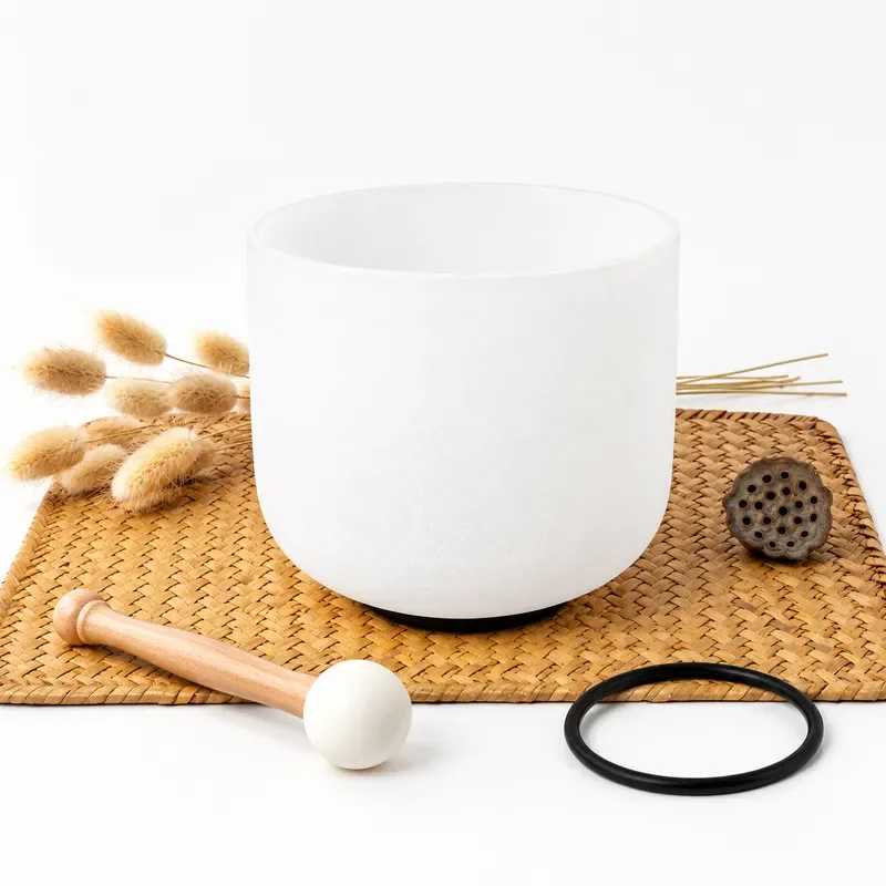 STAR LIN KUP 6 Inch White Frosted Quartz Crystal Singing Bowl CDEFGAB Note Sound Healing Meditation Tool with Mallet