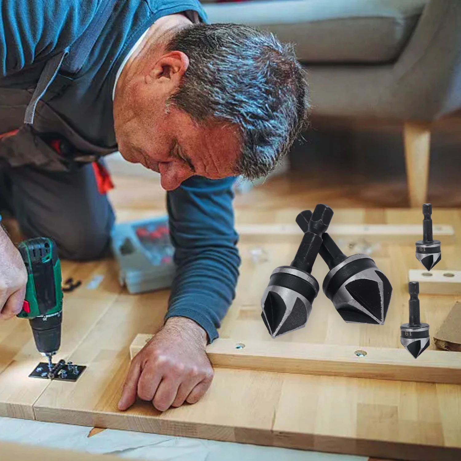 Zestaw frezów stożkowych ze stali szybkotnącej z chwytem sześciokątnym do fazowania, pogłębiania i obróbki drewna i metalu.