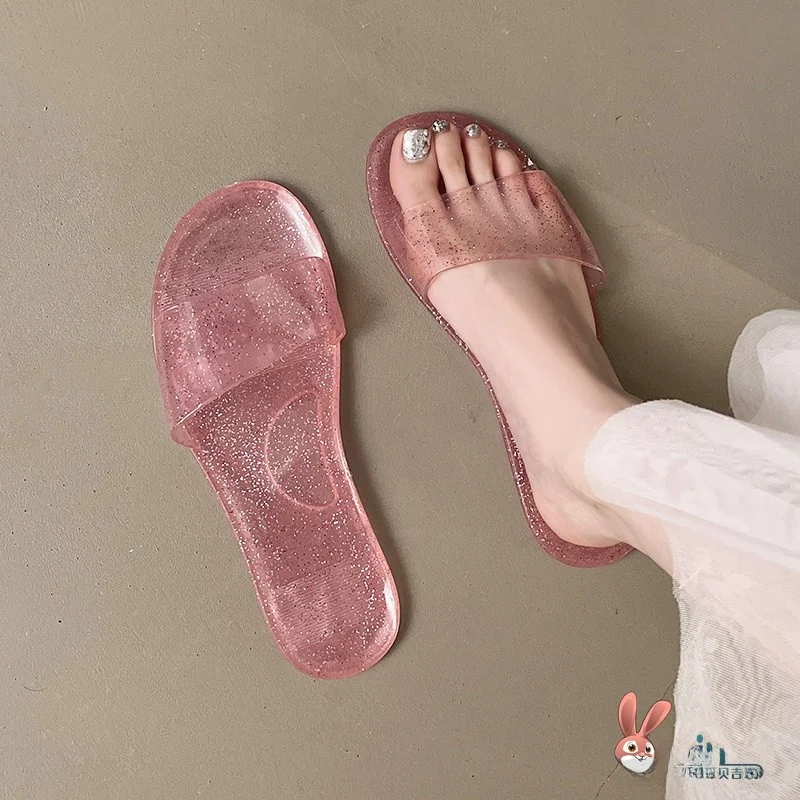 Water-Throwing Festival Crystal Outsole Slippers Women's Transparent Jelly Summer Flat Bottom Fashion Fairy Cool Slippers Ind...