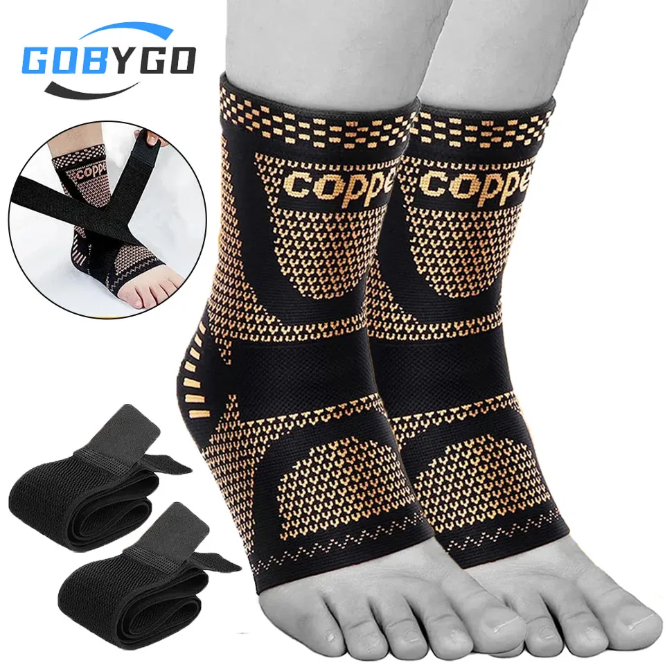 GOBYGO Adjustable Copper Compression Ankle Support Sleeve Sprained Ankle Eases Swelling Achilles Tendonitis Plantar Fasciitis