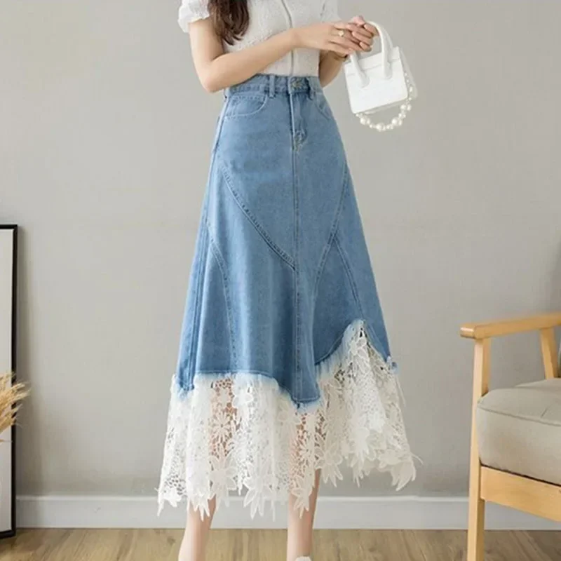 

Harajuku Lace Patchwork Denim Skirt Woman Korean High Waist Blue Midi Skirts Women Summer Fashion Plus Sized 3Xl A-Line Skirt