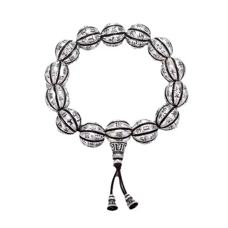 

999 Fine Silver 16MM Pumpkin Bead Engraved Chinese Charcter Heart Sutra Bracelets Men Elastic Rope Buddhism Lucky Bracelet Gift