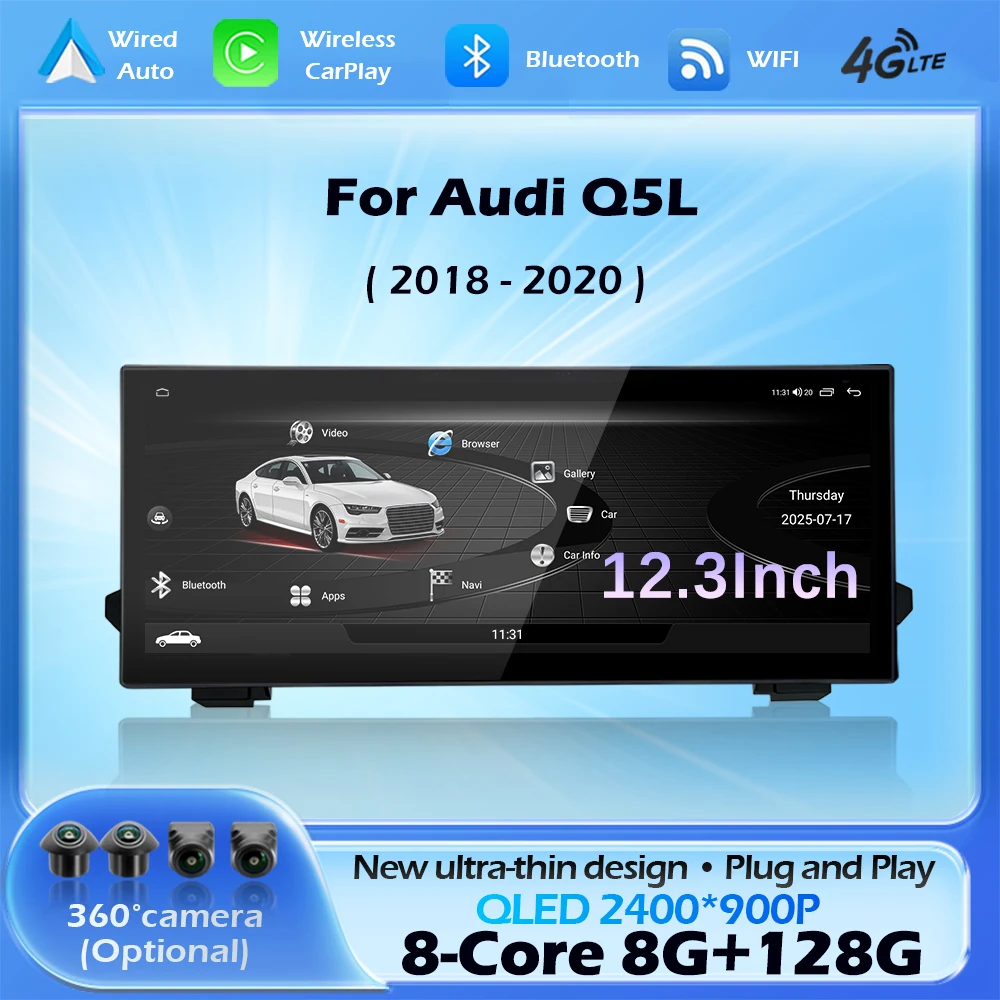 

Для Audi Q5L 2018-2020 Беспроводной CarPlay Android15 Автомобильный мультимедийный радиоплеер DSP Стерео GPS Navi BT WIFI 12,3-дюймовый сенсорный экран