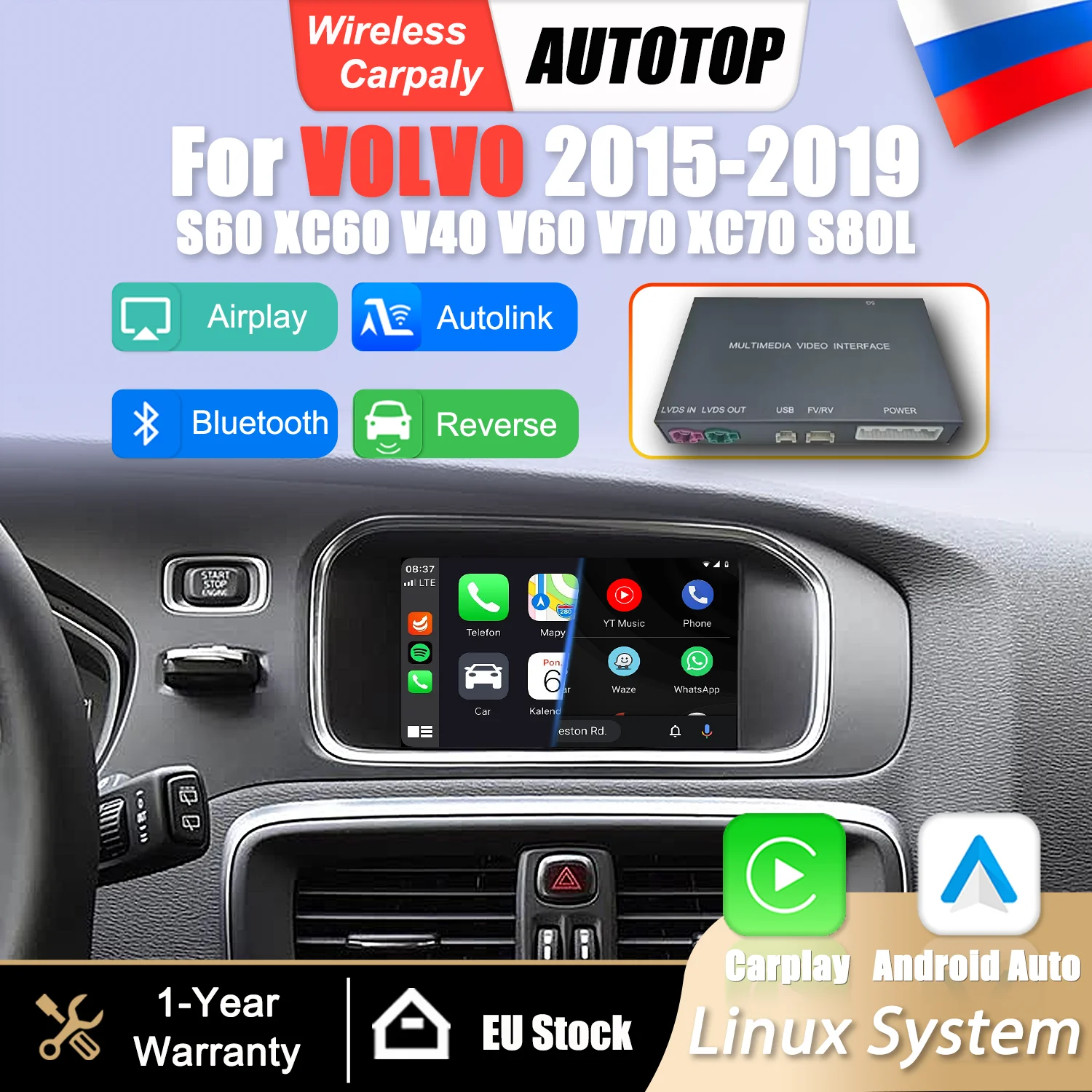 Adatto per Volvo S60 XC60 V40 V60 V70 XC70 S80L 2015 2016 2017 2018 2019 Adattatore Interfaccia Wireless CarPlay Android Auto Box Mirror Link Airplay Bluetooth Modulo di Navigazione GPS