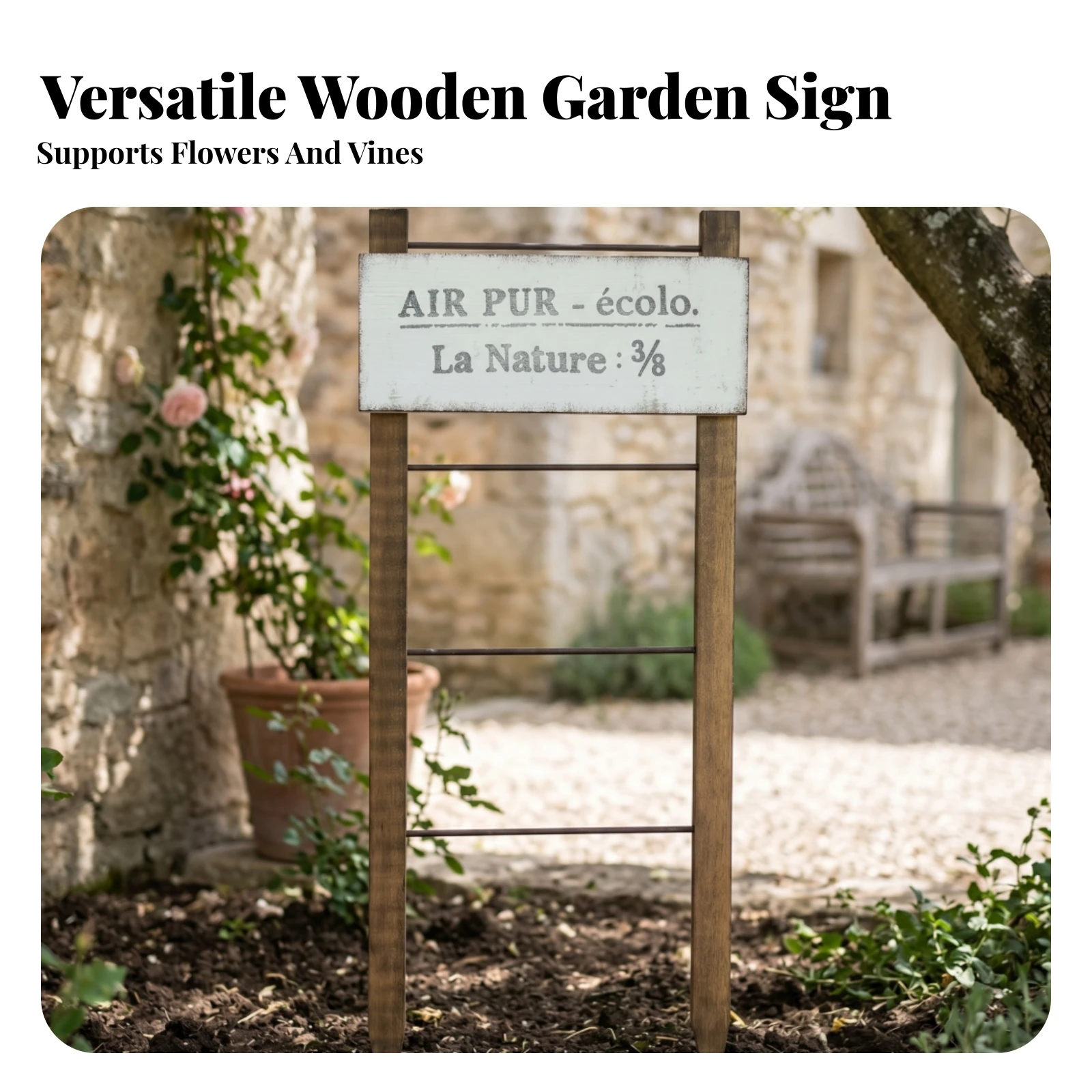 Ladder-Style Sign Distressed Finish Wooden Garden Sign Rustic Hanging Plaque Metal Support Rods Outdoor Decoration Painted