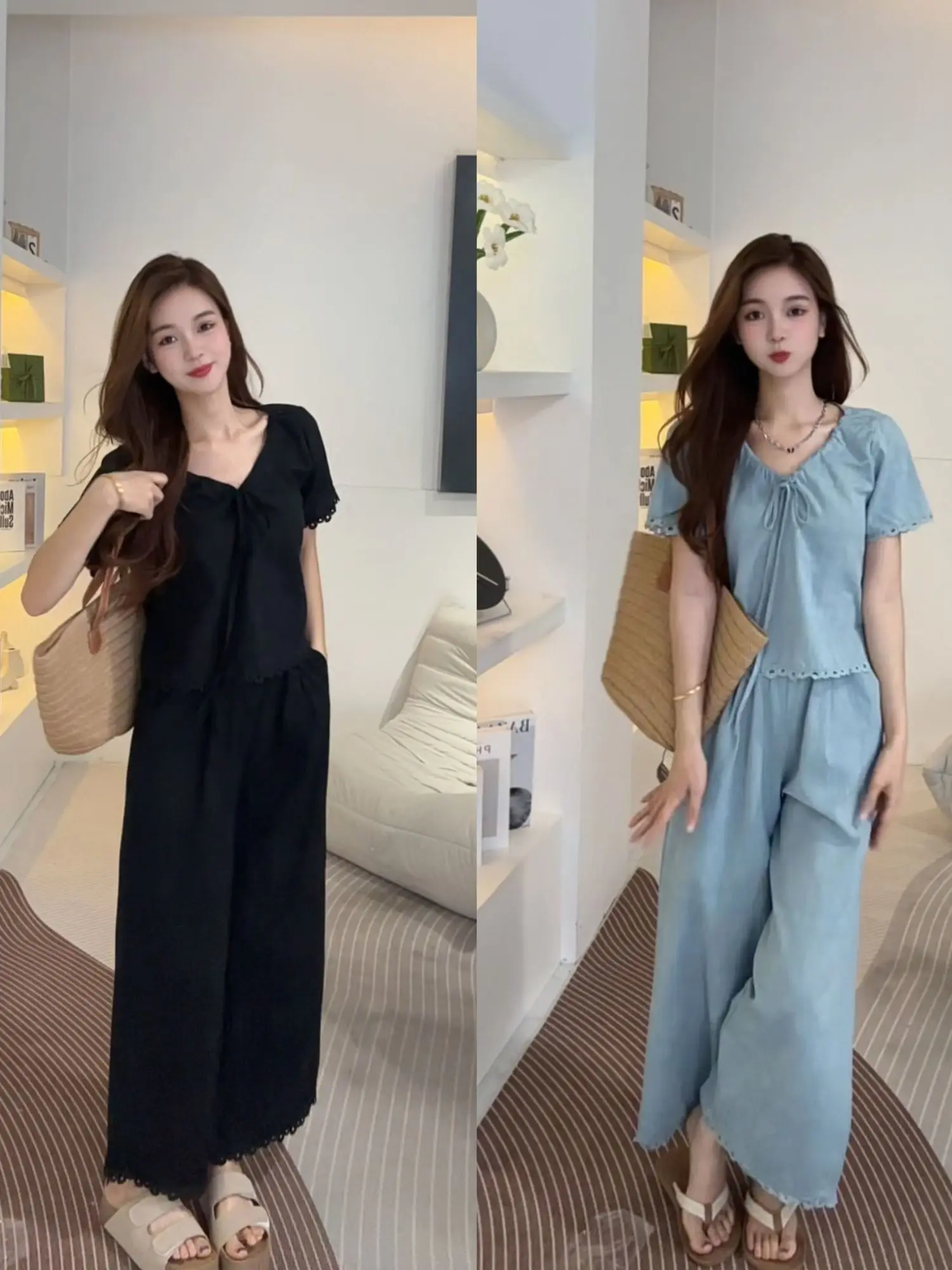 

Summer Elegant Short Sleeve Shirt Wide Leg Pants Two Piece Set Women's Fashionable Casual Sportswear V Neck Overhead Dress