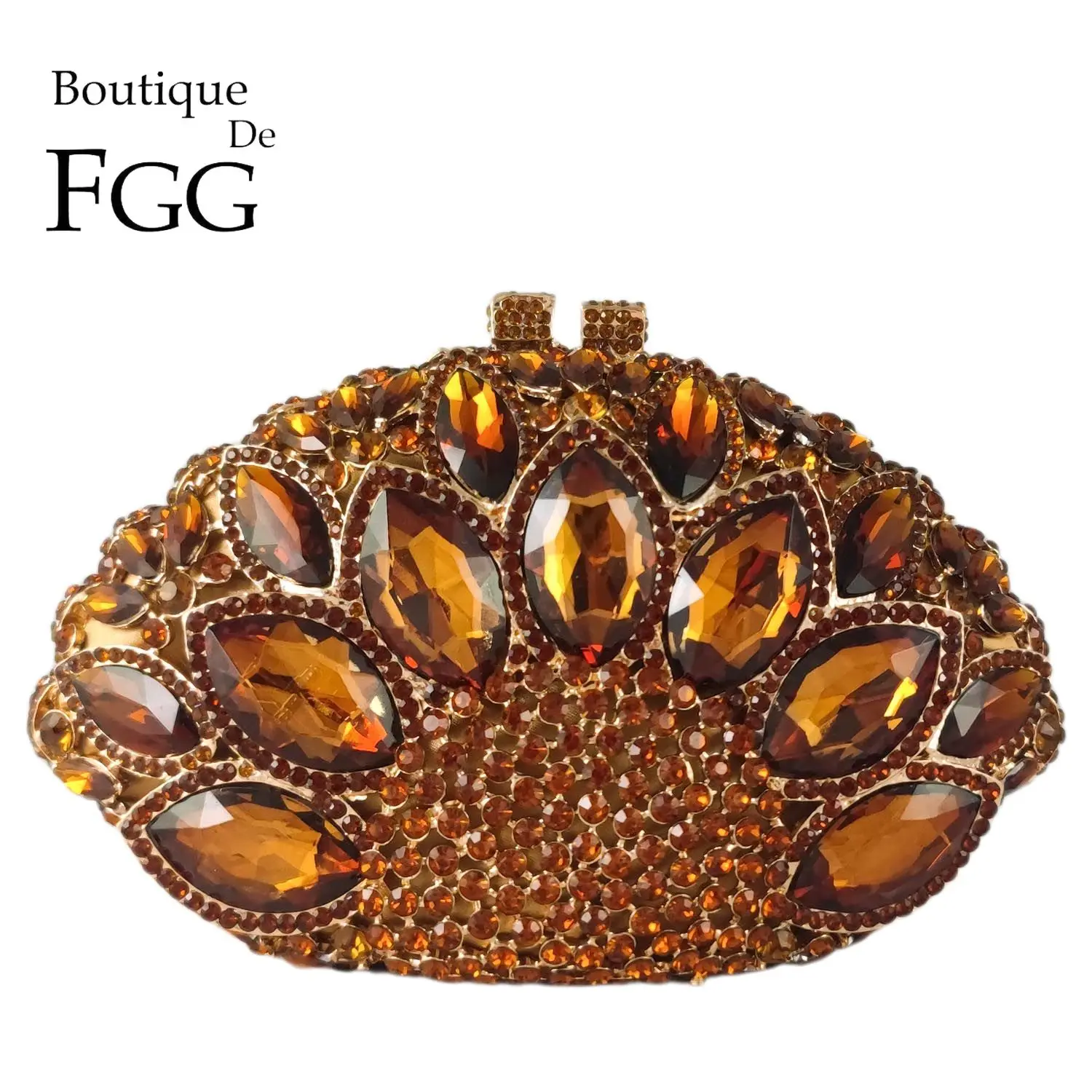 

Boutique De FGG Women Brown Peacock Crystal Clutch Evening Bags Wedding Party Prom Bronze Rhinestone Clutches Handbag Purse
