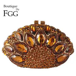 Boutique De FGG Women Brown Peacock Crystal Clutch Evening Bags Wedding Party Prom Bronze Rhinestone Clutches Handbag Purse