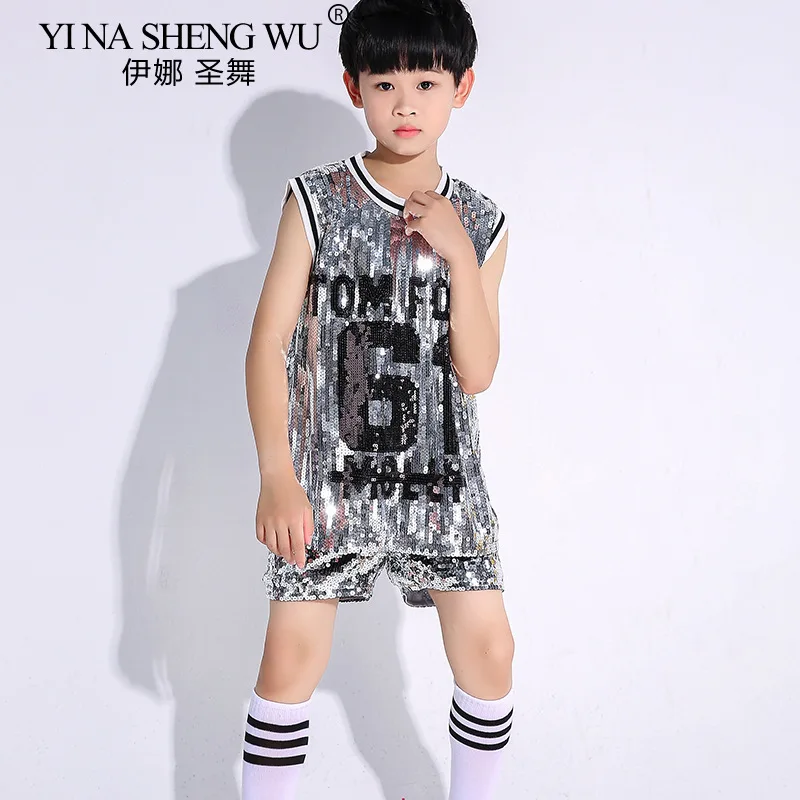 Sequin Jazz Dance Costume Boys and Girls Hip Hop Street Dance Modern Dance Cheerleading Performance Sleeveless Top Shorts Set