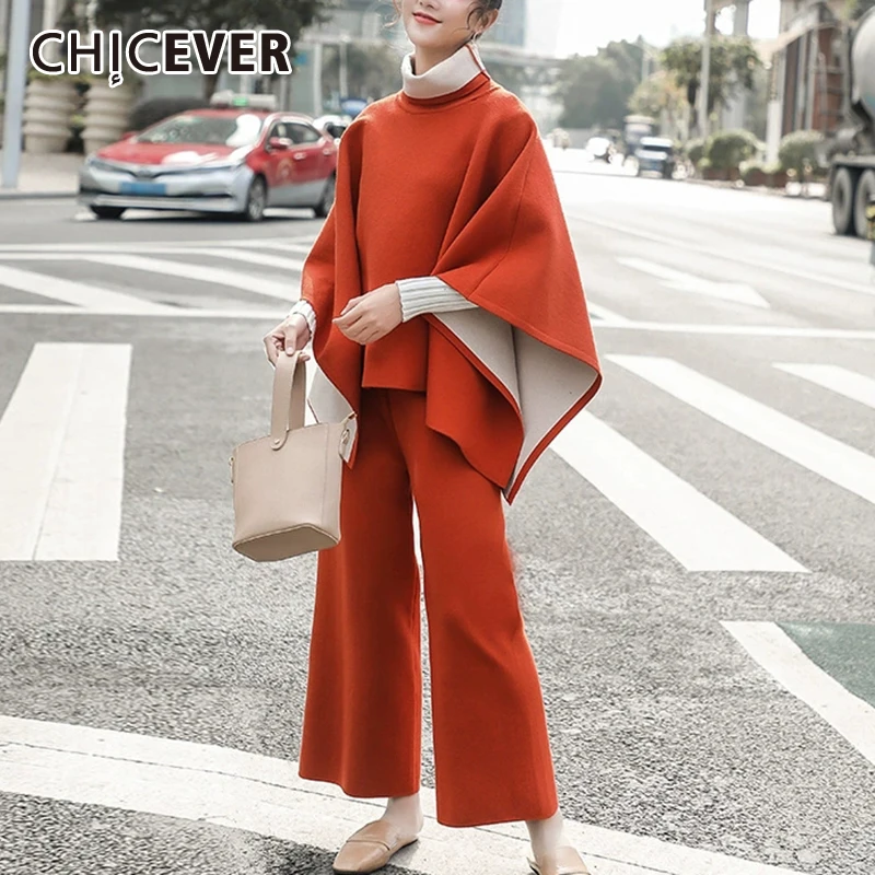 

CHICEVER Solid Fashion Two Piece Sets for Women High Neck Bat Sleeve Cape Shawl Top Wide Leg Pant Suit Female Minimalist Clothes