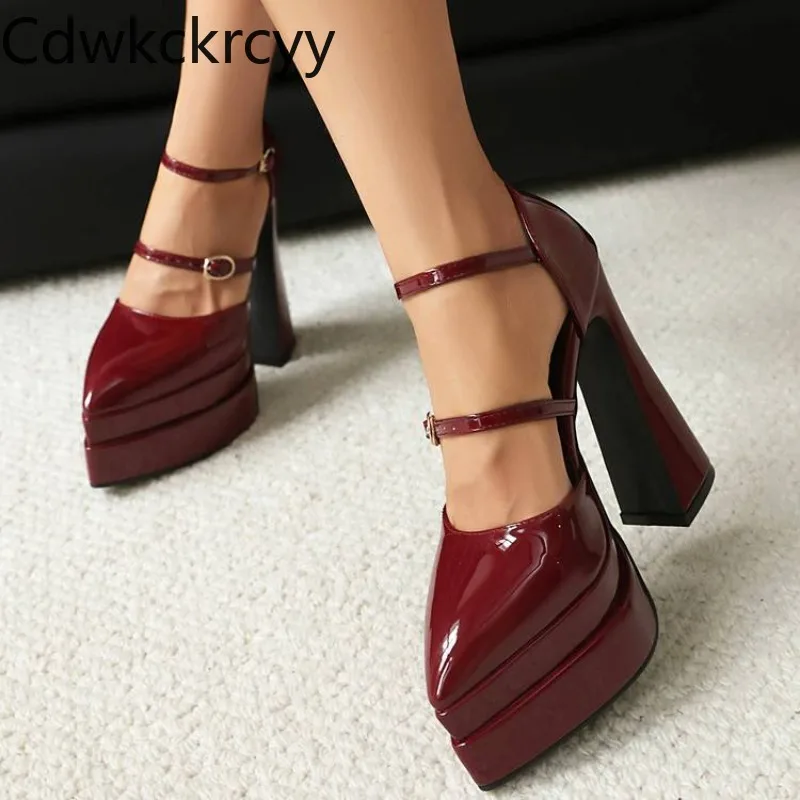 Frühling und Herbst neue Stil Mode Retro Burgund spitze Spitze Asakuchi Doppelschnalle sexy High Heels Damenschuhe hoch 13,5 cm