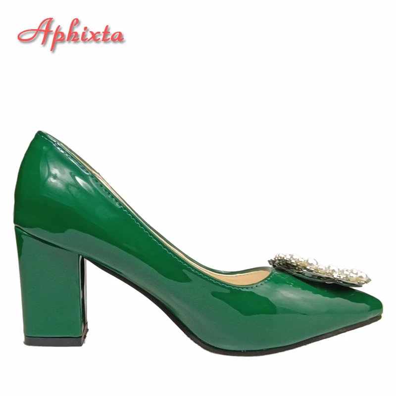 Aphixta New Dark Green Pearl Buckle Patent Leather Women\'s Pumps 7cm Square Heel Officile Pointed Toe Shoes Super Big Size 49 50