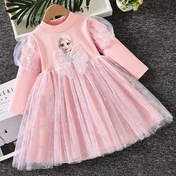 Disney Girls Dress Frozen Princess Dress Pink Long-sleeved for Children Gauze Kids Dress Elsa Anna Birthday Party Clothes 1-8T