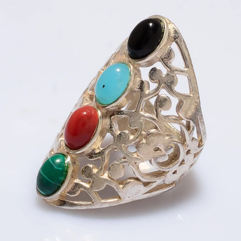 Bague texturée ajourée pour femme, style ethnique, incrustée de pierres synthétiques colorées, vintage, élégante, accessoires de bijoux pour festivals et vacances