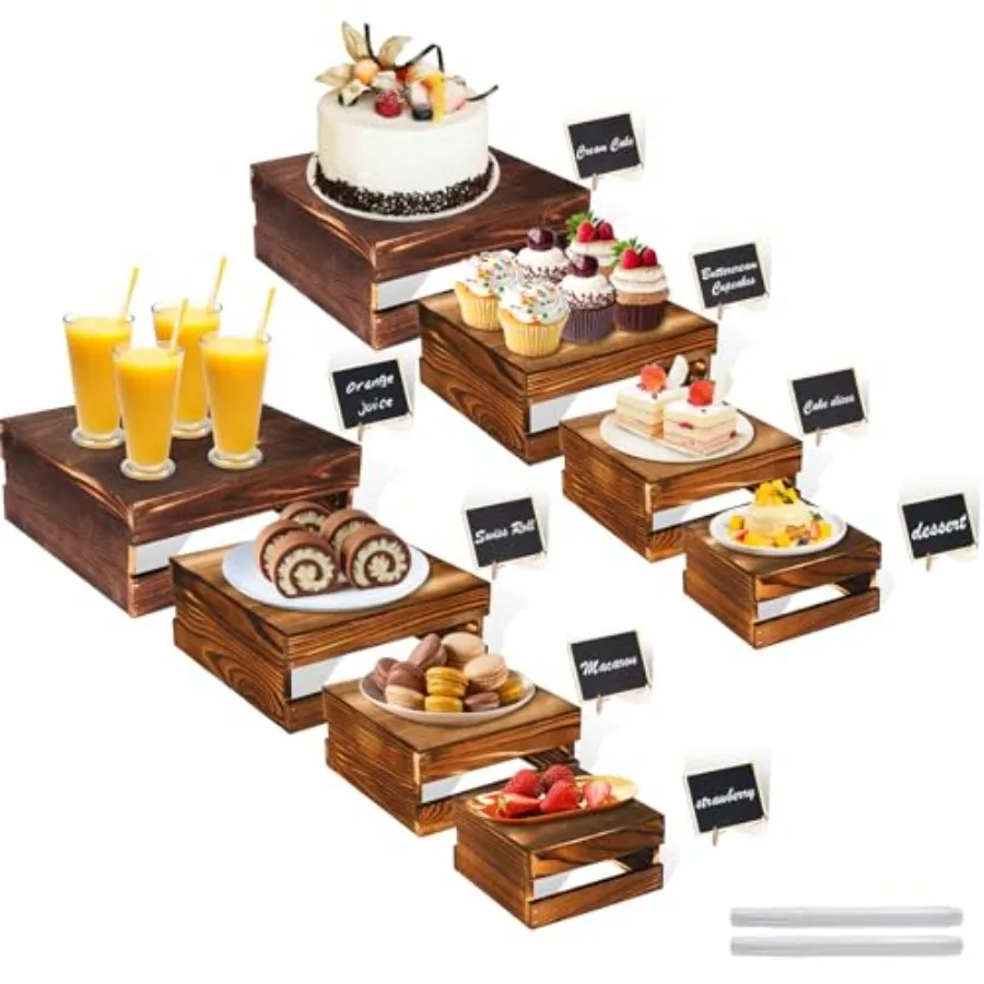 

8 Pcs Buffet Risers with Mini Signs Rustic Wood Cake Stands Food Risers for Buffet Table Dessert Display Stand Wood Crates Rust