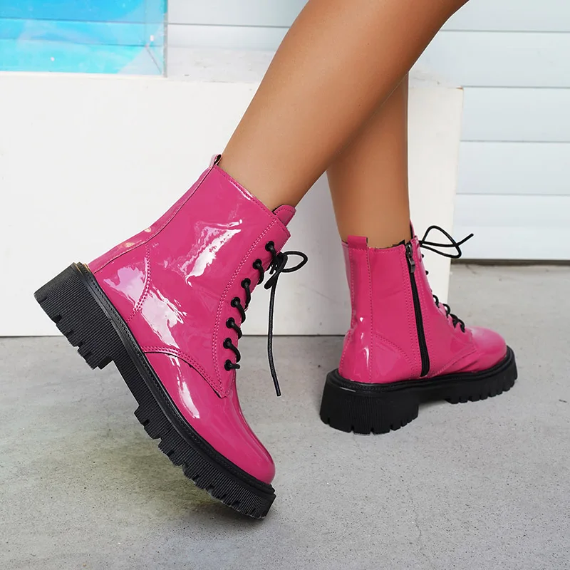 Lucyever 2023 Fashion Pink Motorcycle Boots Women Pu Leather Platform Ankle Boots Woman Autumn Winter Plus Size Lace Up Shoes