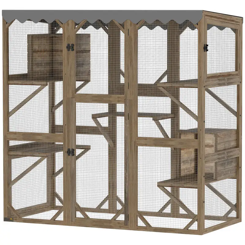 

Wooden Catio Outdoor with Window Access, Waterproof Cover, Relaxing Condo, 5 Platforms, Doors, 59" x 28" x 59", Brown