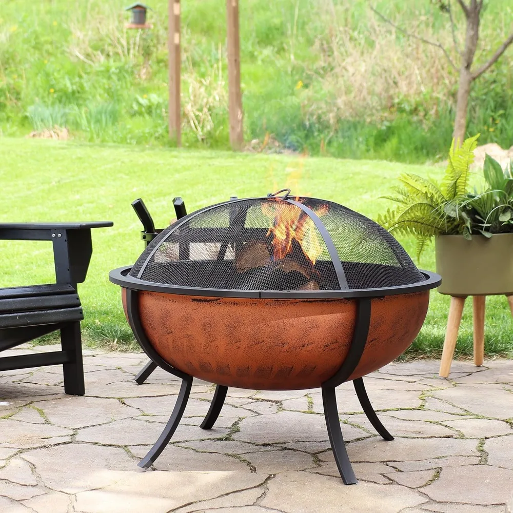 Fire Pit Bowl 32-Inch Steel - Includes Spark Screen, Wood Grate, - High-Temperature Copper Finish, Easy-to-assemble fire pit