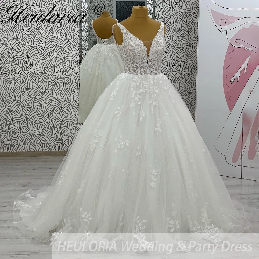 

HEULORIA Princess Wedding dress Sparkly Plunging V Necklace Bride Gowns Lace Up Back Customized