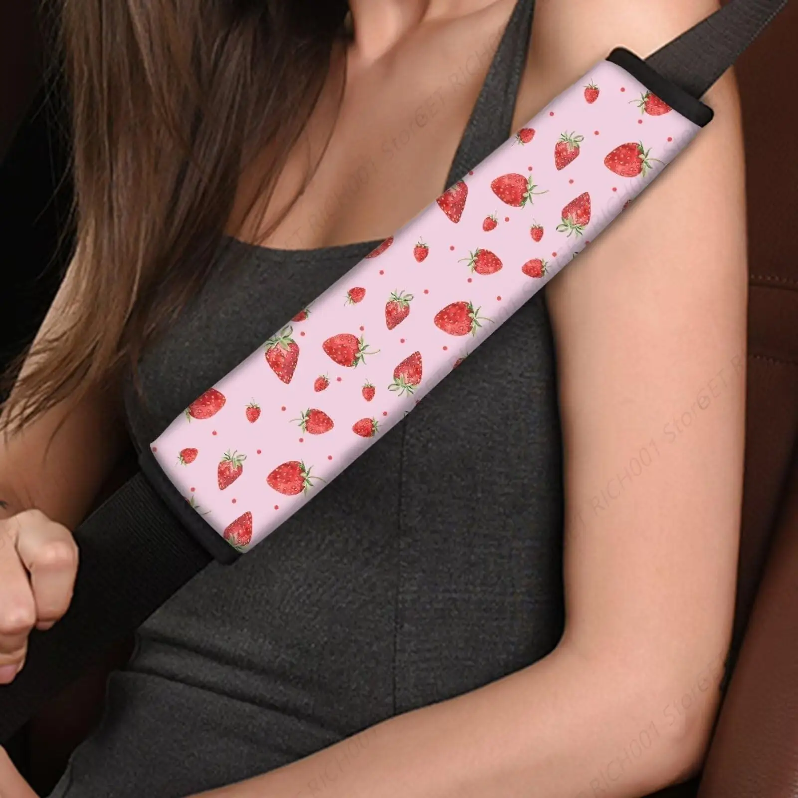 

Pink Strawberry Printed Neoprene Car Seatbelt Cushion Coversfor Women,Strawberry Car Accessories Seat Belt Covers Shoulder