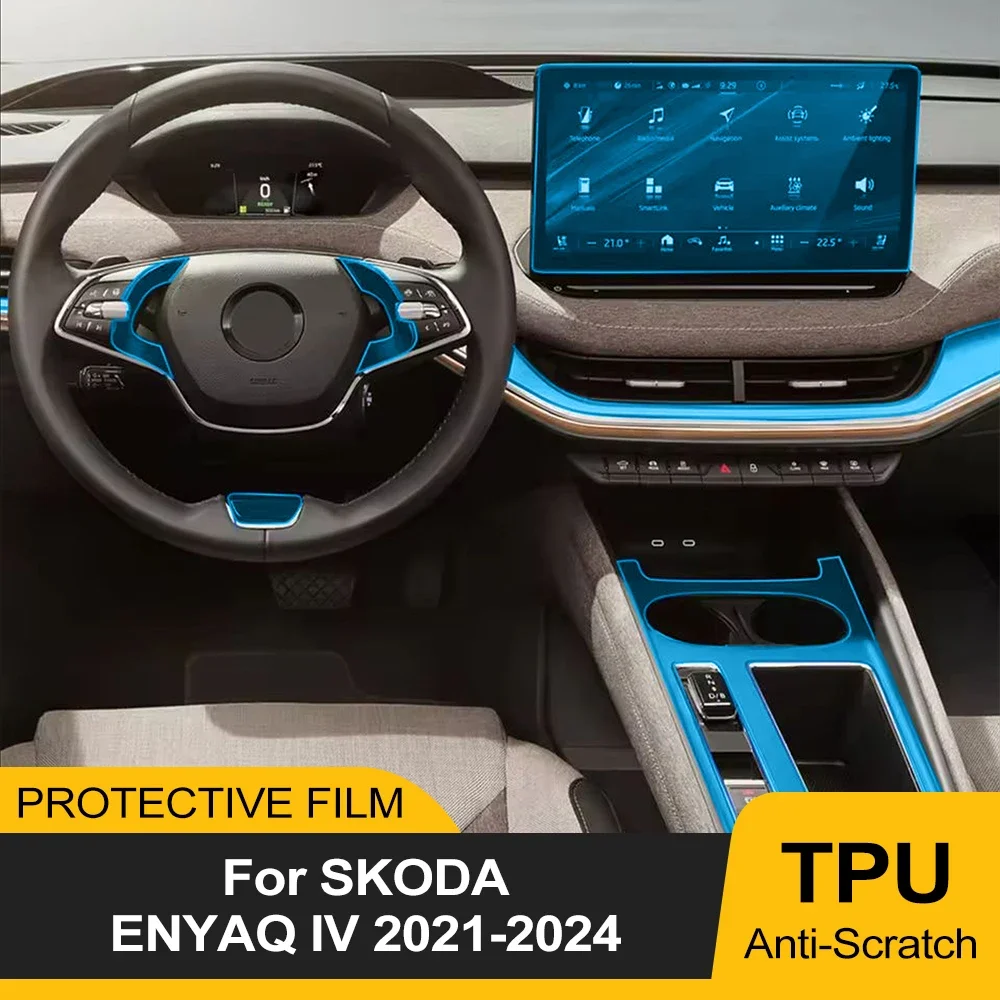 For Skoda ENYAQ iV 2021-2024 Pre-Cut Non-Slip TPU Interior Protective Film Center Console Dashboard Navigation Anti-Scratch PPF