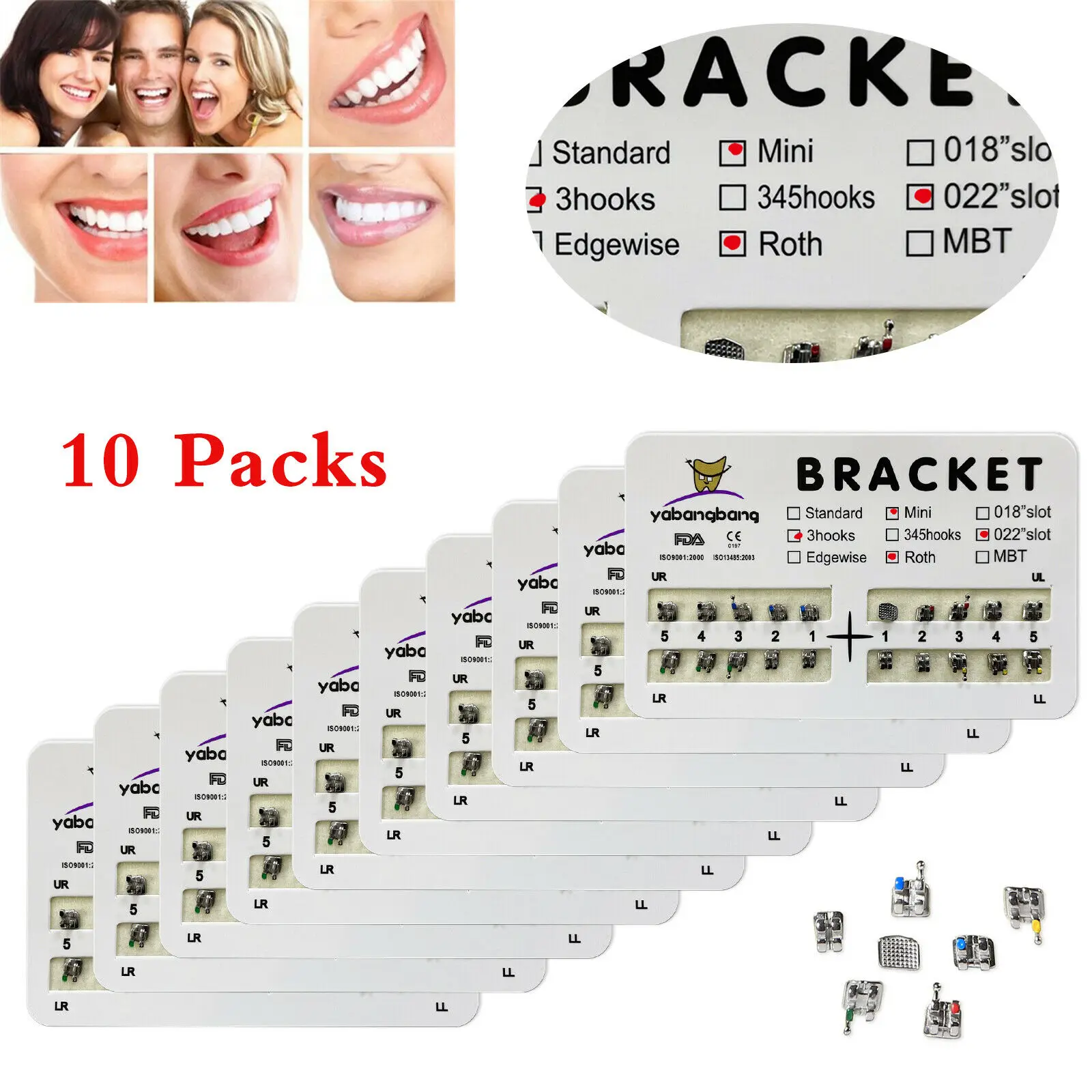 

10 Packs/200Pcs Dental Orthodontic Metal Braces Bracket Mini Roth 022"Slot 3 Hooks For Orthodontic Dental Treatment