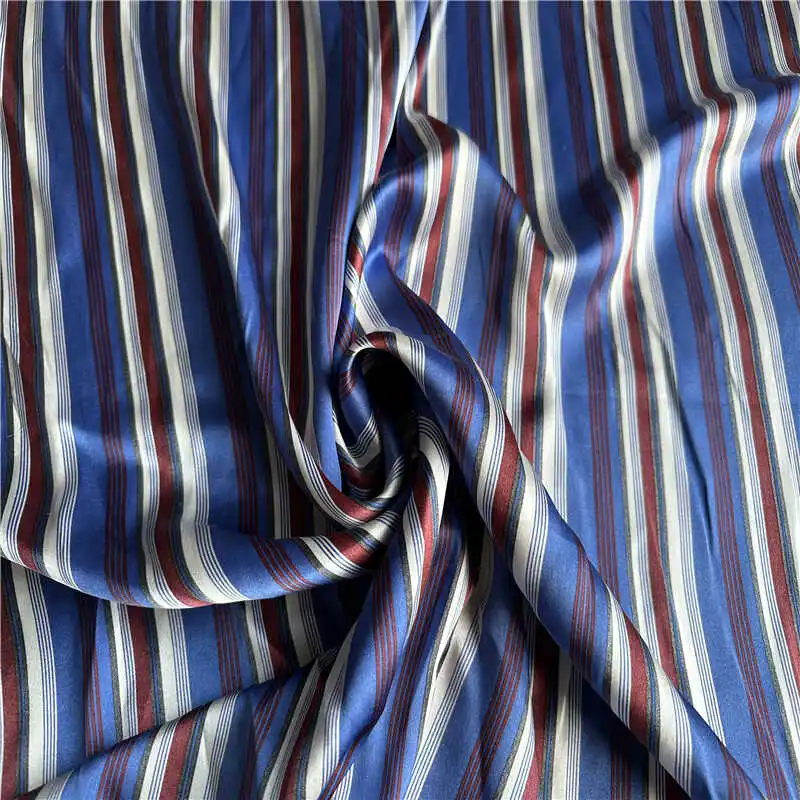 1 meter 100% Mulberry Silk 22 momme Charmeuse Silk Fabric Blue Stripes Printed 112cm 44