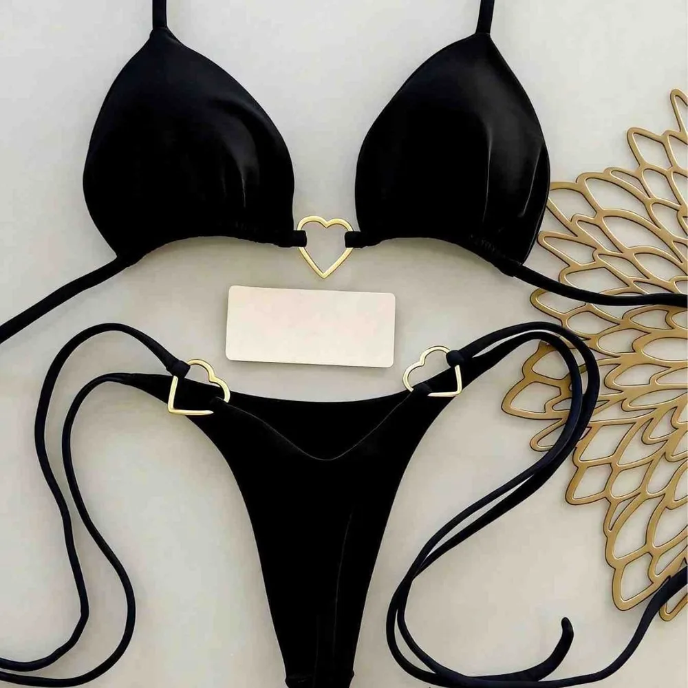 Heart Print Metal Charm Bikini Set For Women Two Piece Solid Color Wrap Tie Swimwear Summer Beach Bathing Suit Tankini Swimsuits