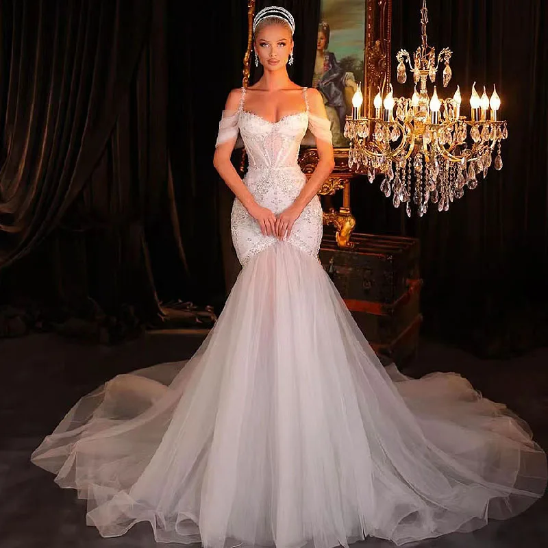 

Luxury Tulle Lace Sexy Bridal Mermaid Wedding Dresses Crystals Illusion Sleeveless Gowns Stain Formal Party Vestidos De Novia