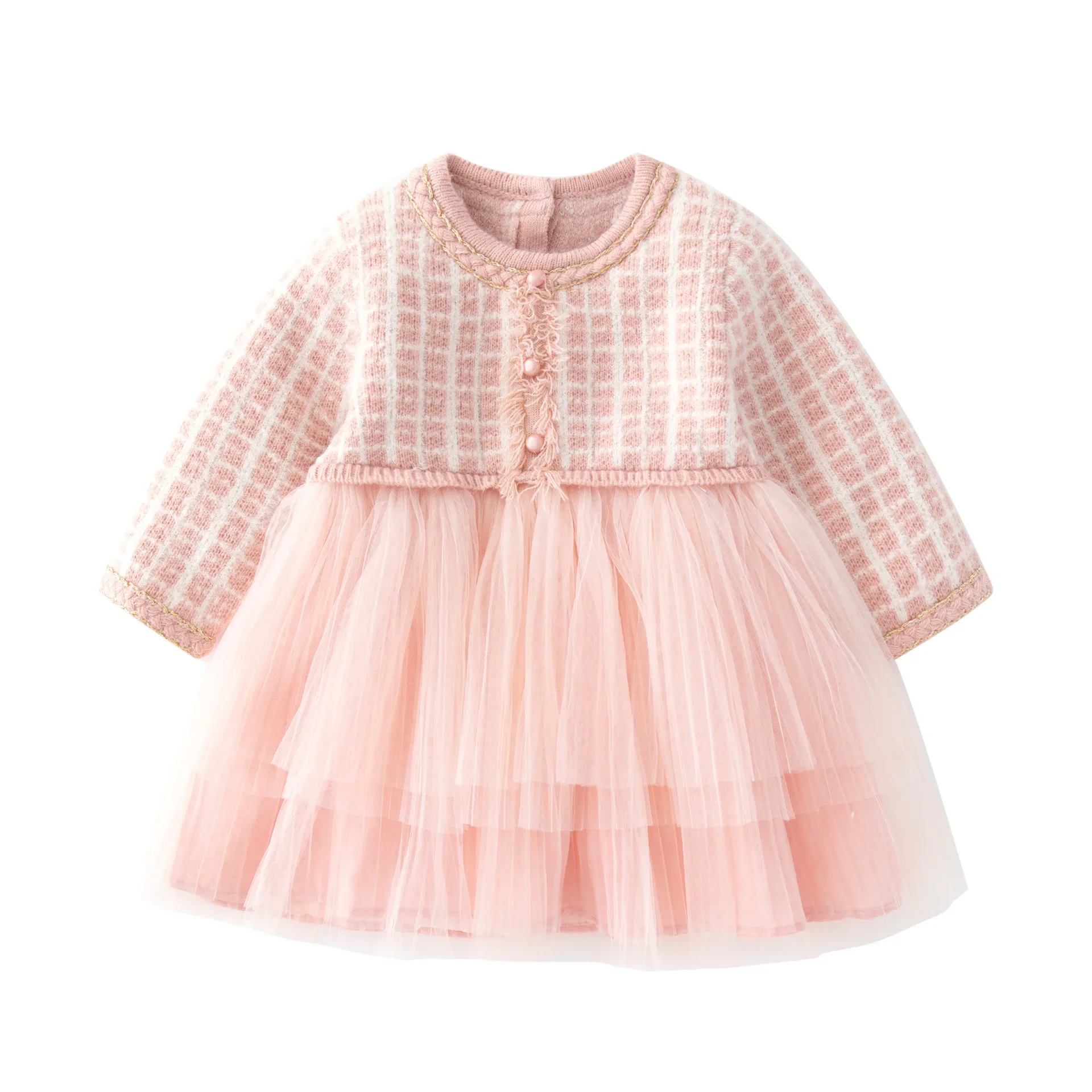 

Knit Autumn Girls Dress O-neck Spring Kids Princess Dress Casual Lace Plaid Costumes Children Clothing Long Sleeve Lace Dress