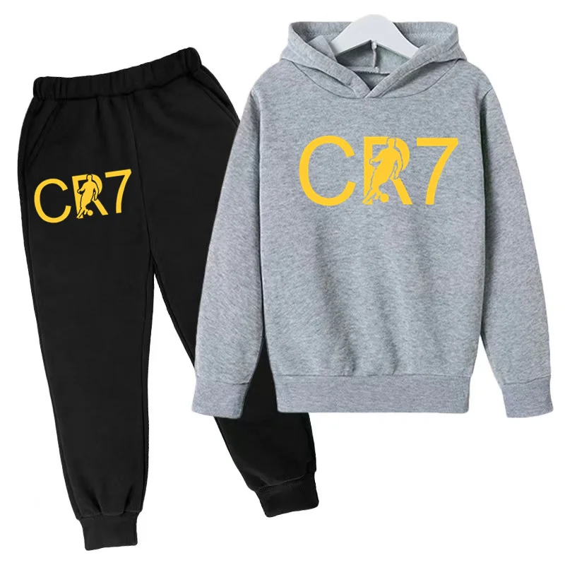 Children 3-12 Years Old Hoodie Football CR7 Print Boys Sweatshirt Girls Toddler Sports Coat Top + Trousers 2P Stylish Casual Set